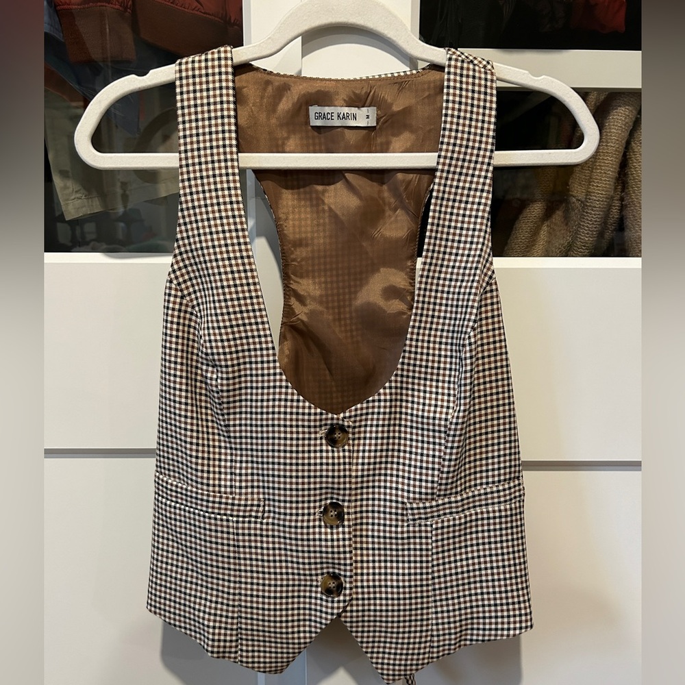 Grace Karin Brown Checkered Vest
